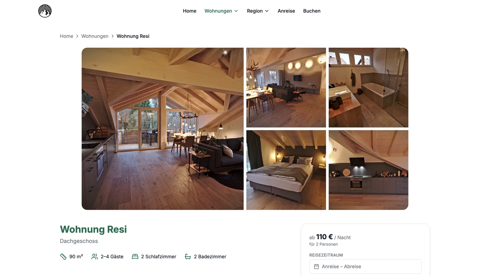 Detailseite der Wohnung Resi: Fotogalerie, Eckdaten und Preis pro Nacht