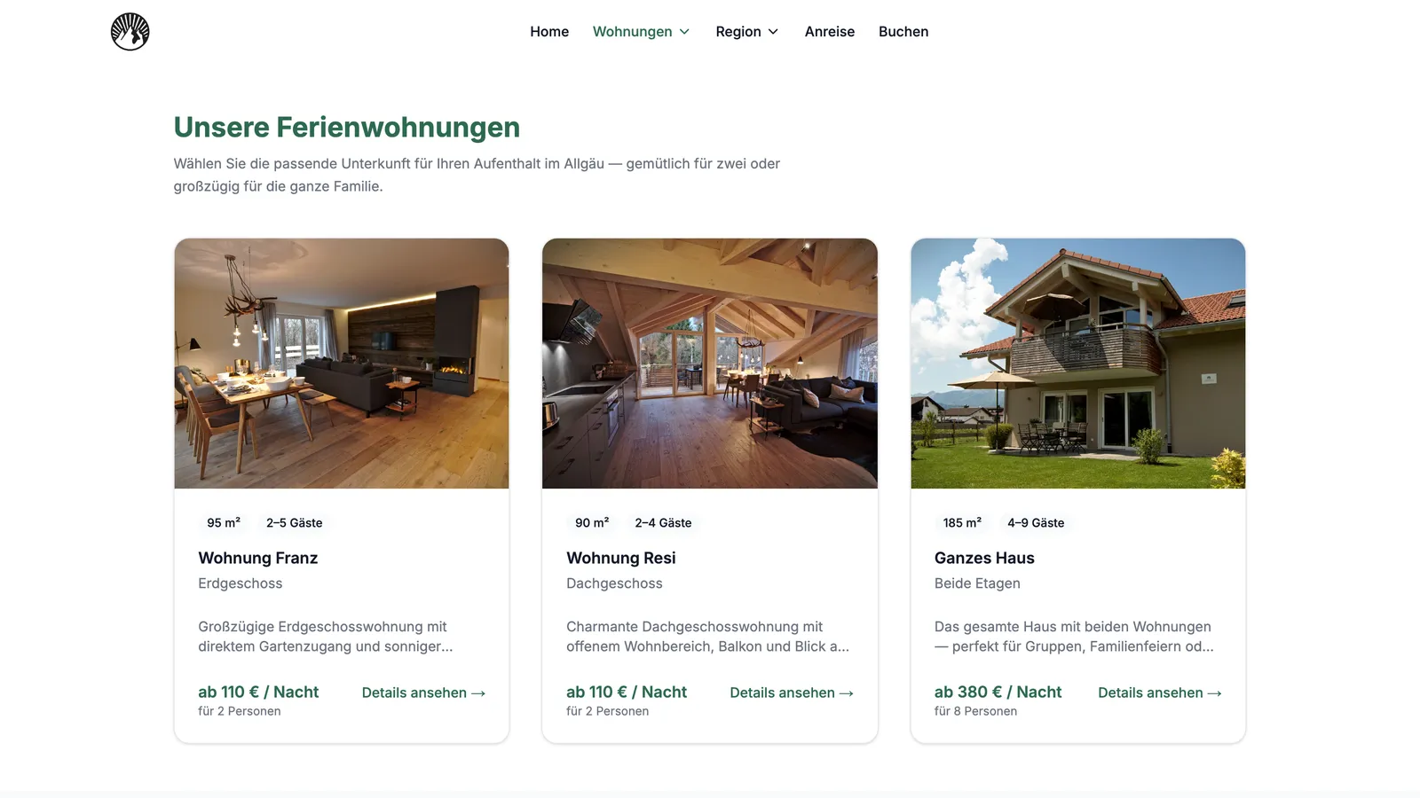 Das-Alpiente-Wohnungsübersicht: Wohnung Franz, Wohnung Resi und das ganze Haus mit Preisen ab