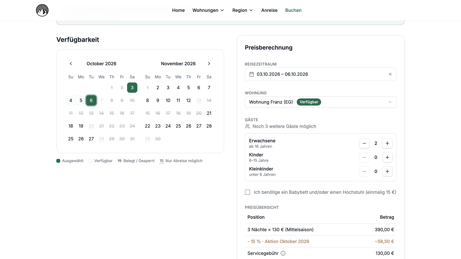 Das-Alpiente-Buchungsseite: Verfügbarkeitskalender und Preisberechnung für einen gewählten Zeitraum