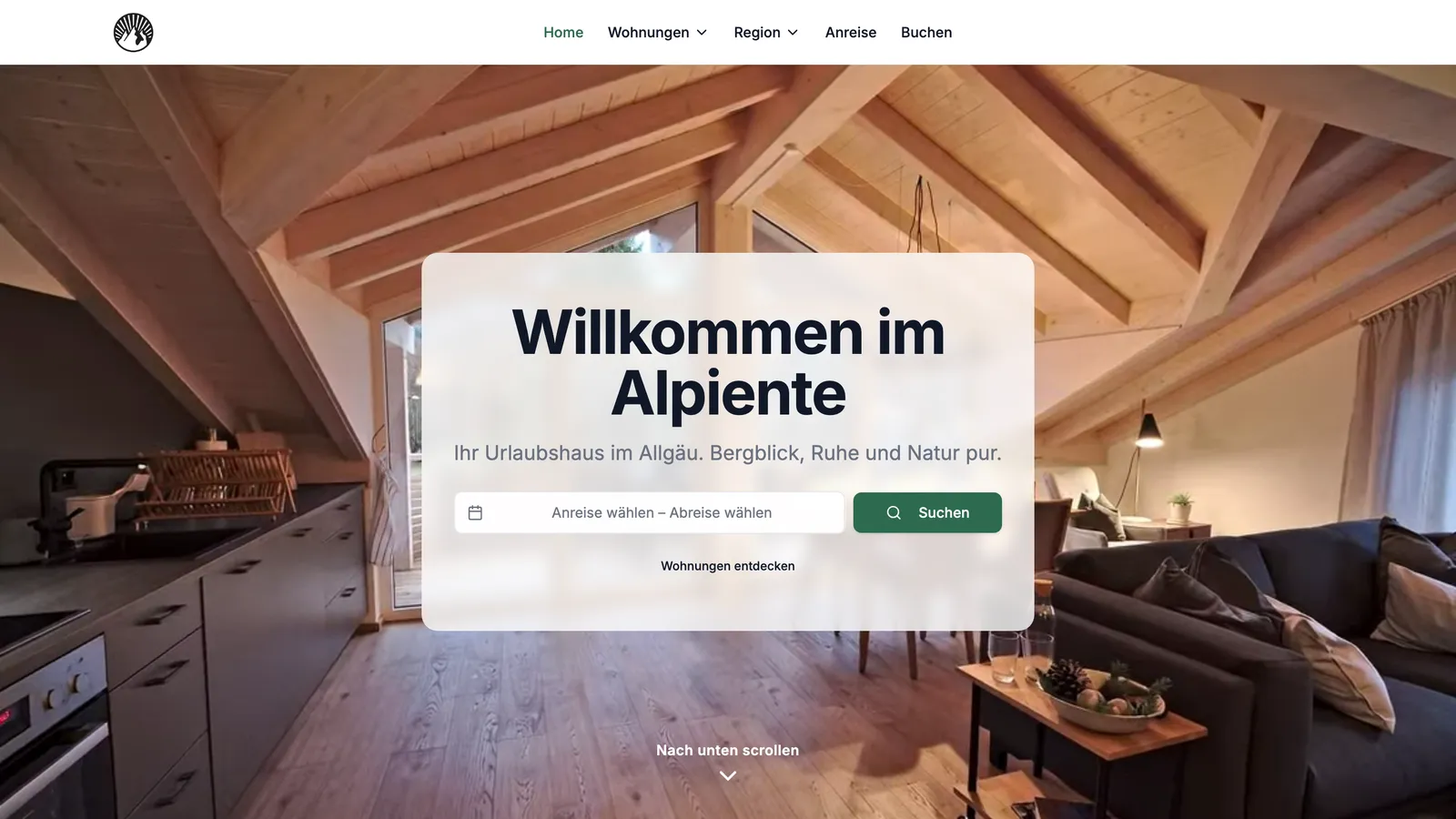 Das-Alpiente-Startseite: „Willkommen im Alpiente“ über einer Dachgeschosswohnung, mit Datumssuche