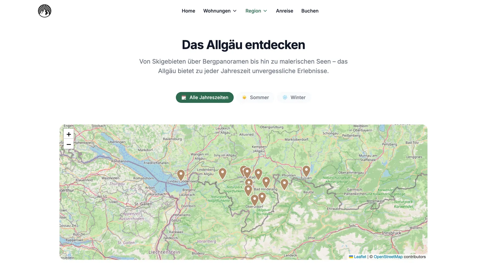 Das-Alpiente-Regionsseite: interaktive Karte mit Ausflugszielen im Allgäu